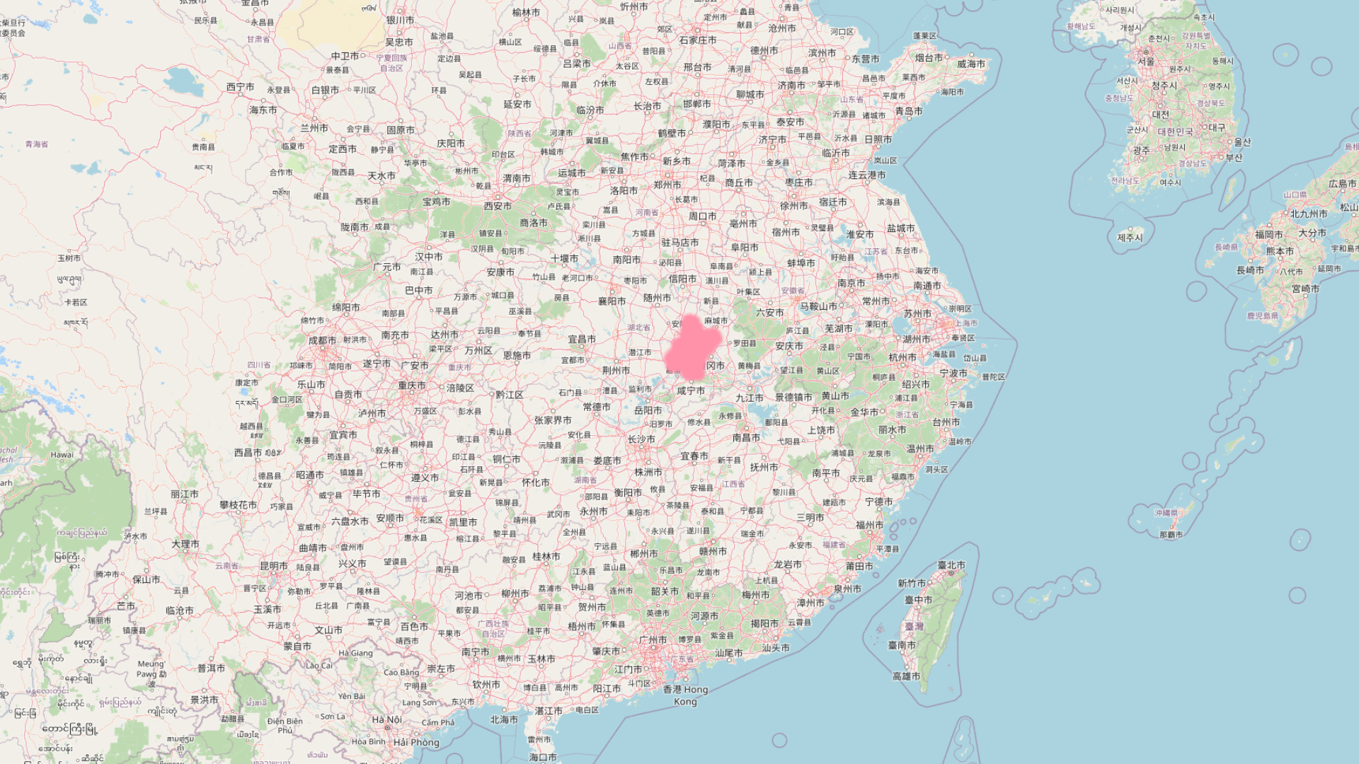 A map of China, with Wuhan shaded in red