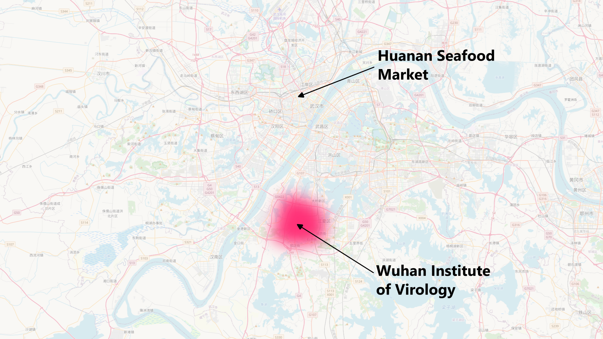 A map of Wuhan, with the area around WIV shaded in dark red