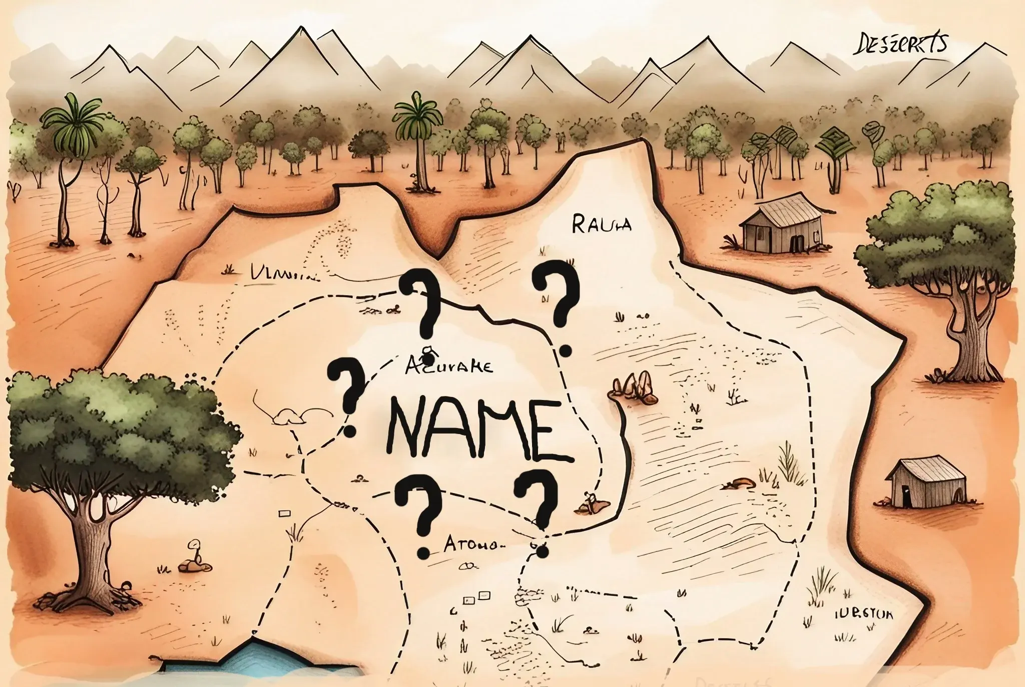 A fictional map, showing a sparsely populated region and a place with unknown name.