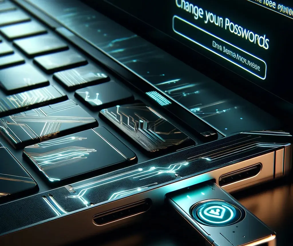 A futuristic laptop with a two-factor key