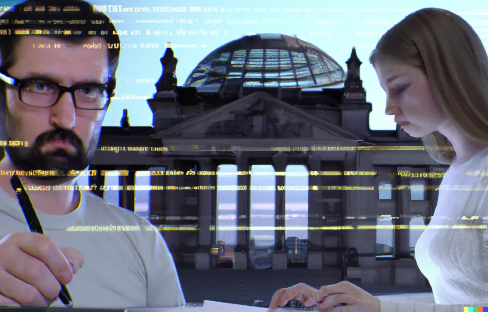 Software engineers writing code, with the German Bundestag in the background